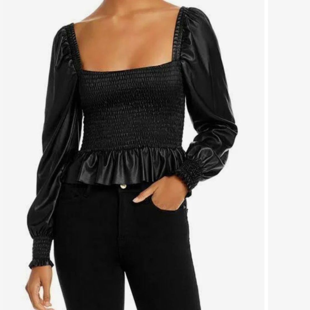 7 FOR ALL MANKIND Square Neck Smocked Faux Leather Top $168 Size XS